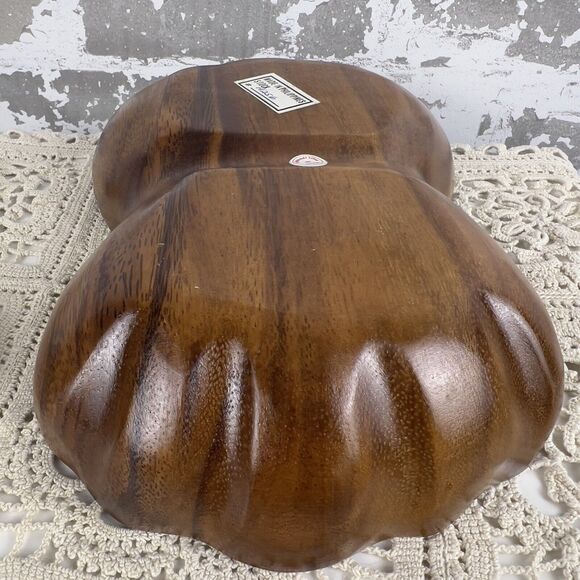 Monkey Pod Wood Basket‎ Bowl With Serving Spoons Hand Carved Scalloped Seashell - Picture 6 of 13